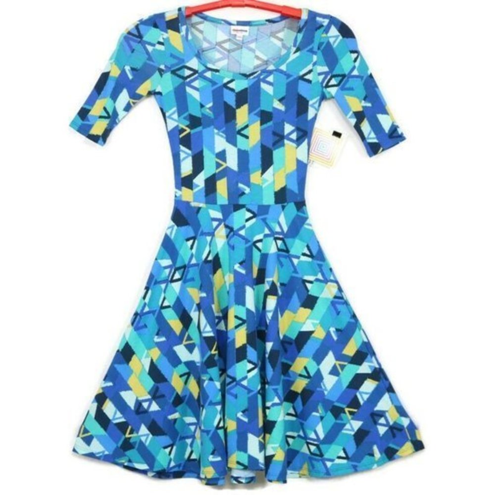 LuLaRoe Nicole Fit & Flare A-Line‎ Dress Blue Teal Yellow XXS